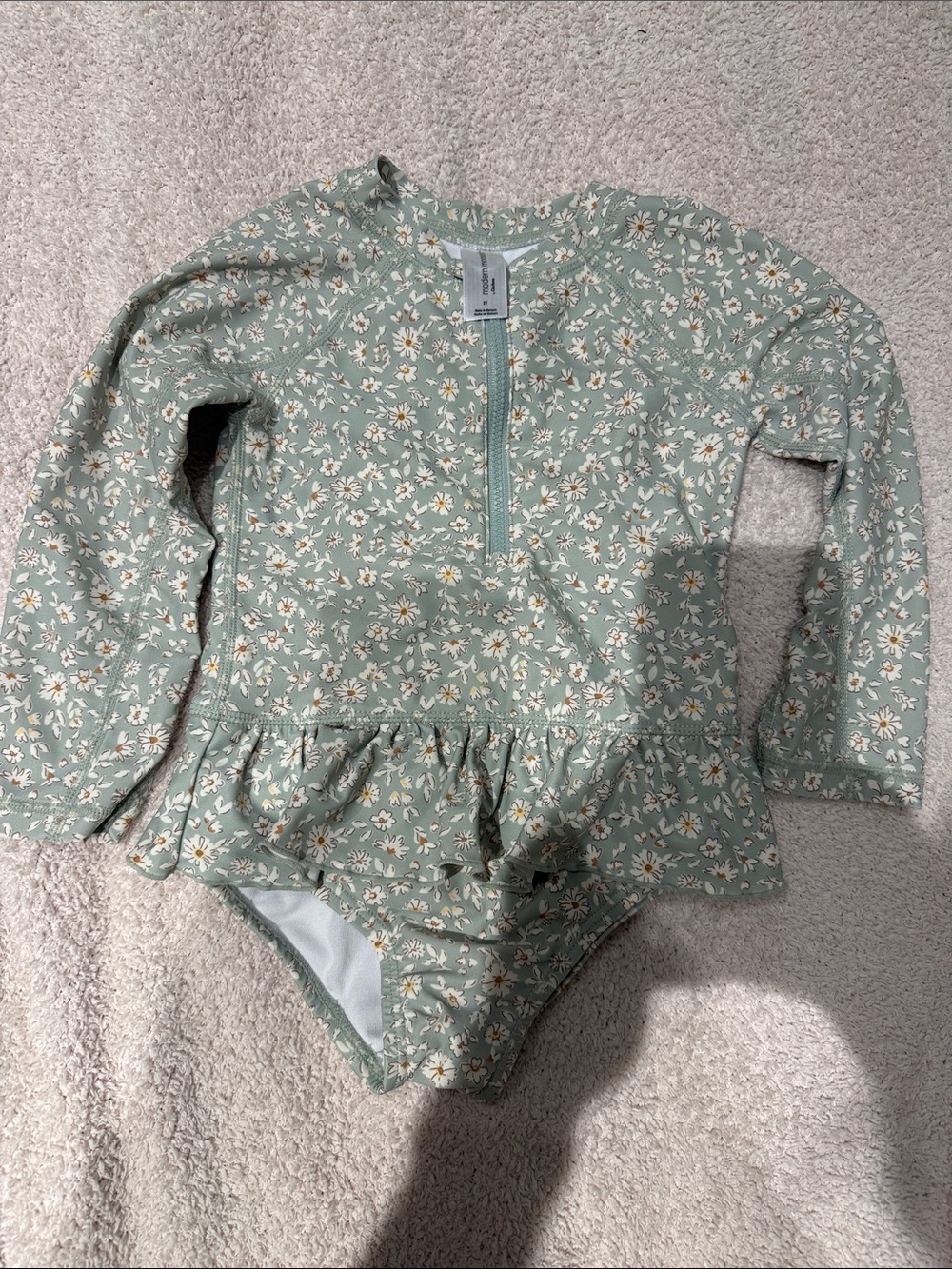 Long-Sleeve Daisy Print One-Piece Swimsuit in Sage Green
